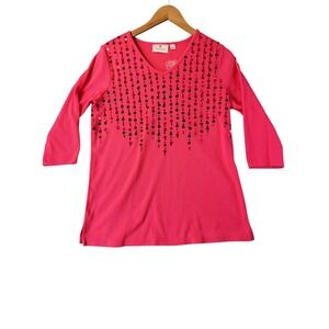 Quacker Factory Womens S Pink Sequin V Neck Ribbed‎ Knit Top 3/4 Sleeve NWOT